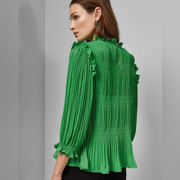 Ted Baker London Airlie Pleated Smocking High Neck Crepe Ruffled Blouse Large - Picture 3 of 11